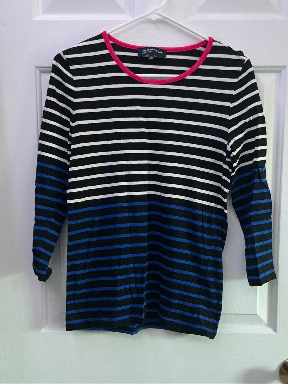 Jones New York Black, White, Blue & Pink Striped Long-Sleeve Top